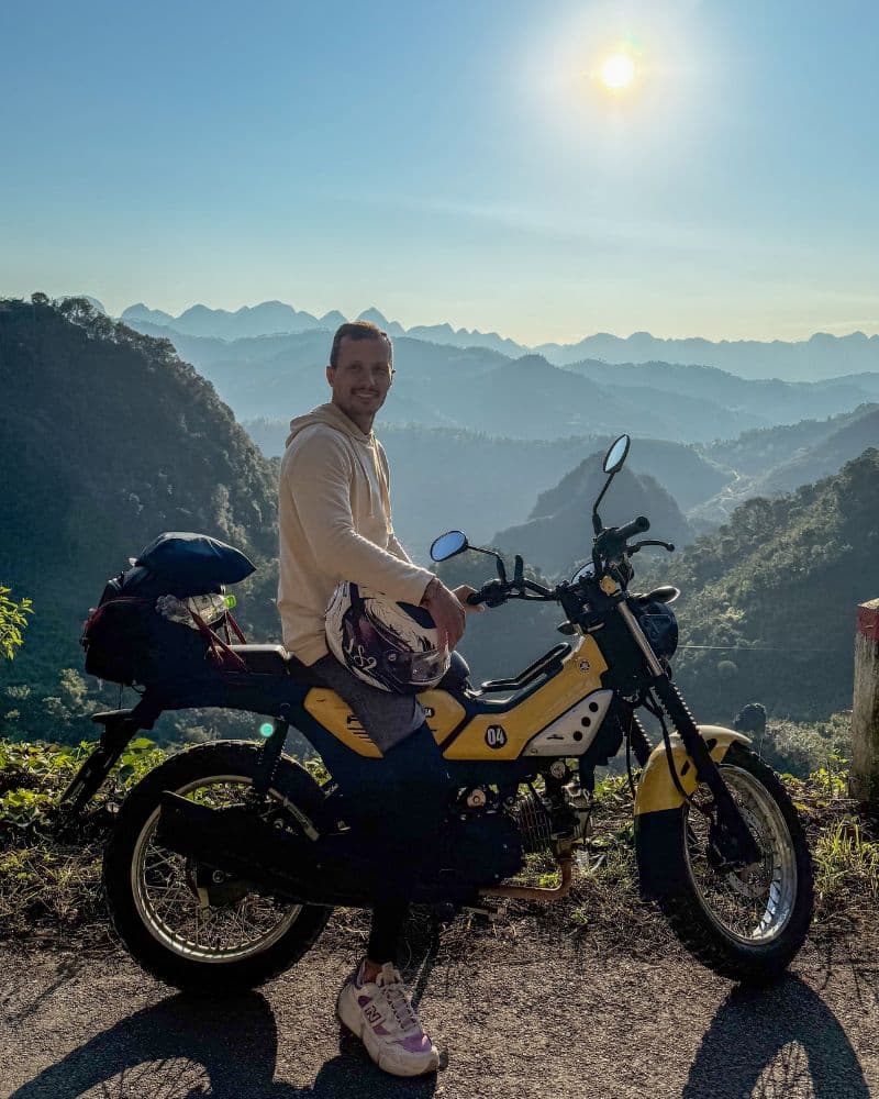 A light motorbike parked at a viewpoint on the Ha Giang Loop