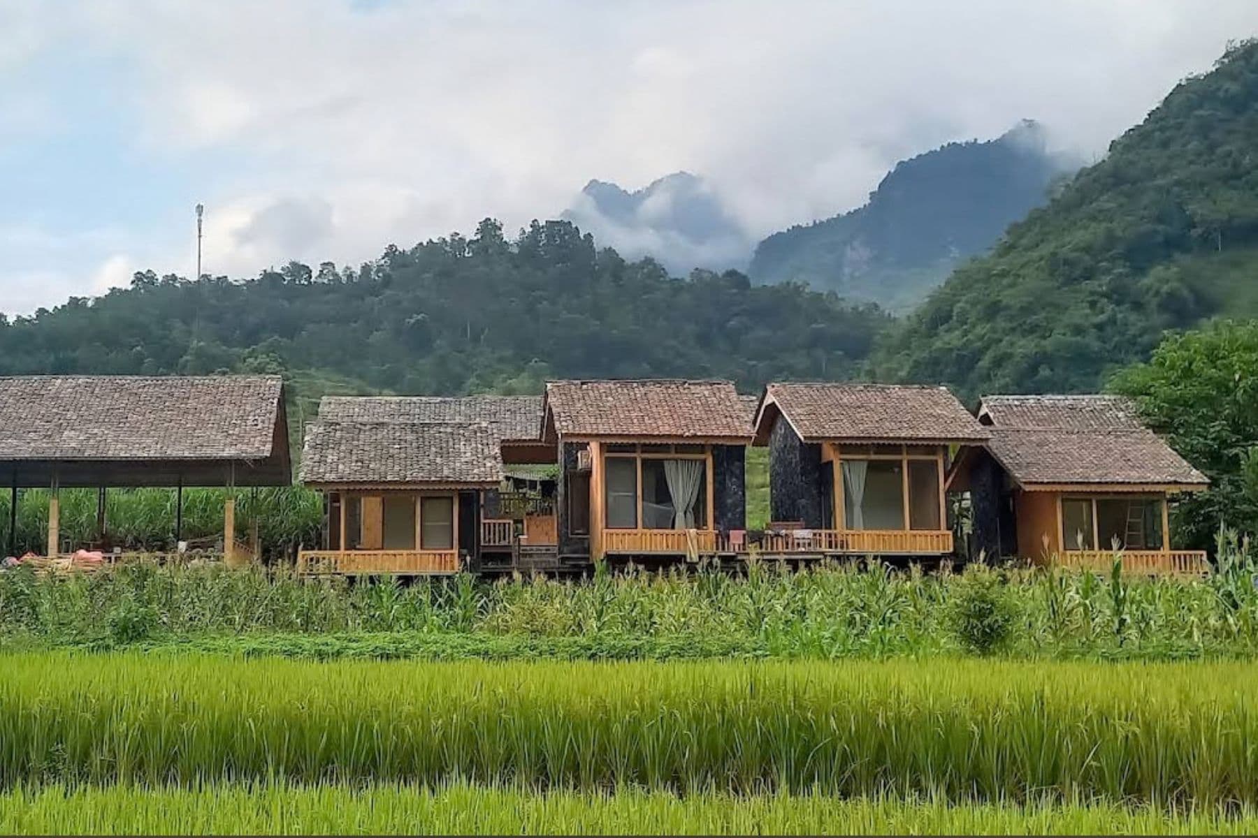 Wooden eco-style bungalows at Chien’s Lodge in the Du Gia valley